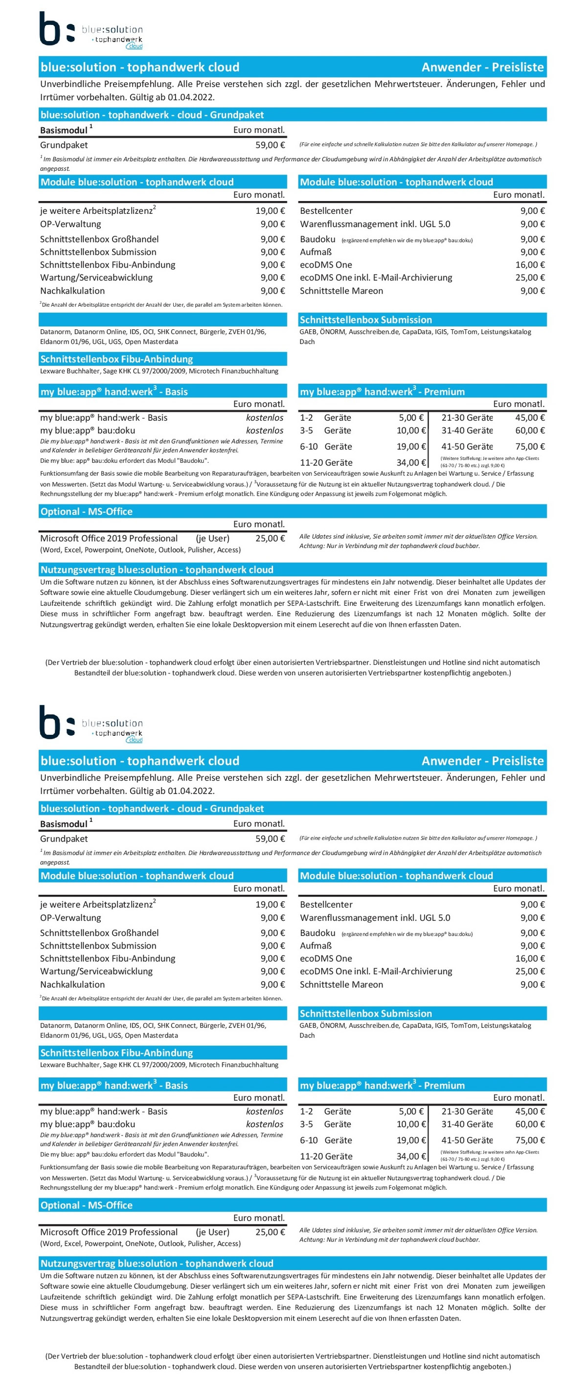 Anwenderpreisliste Handwerk cloud 2022