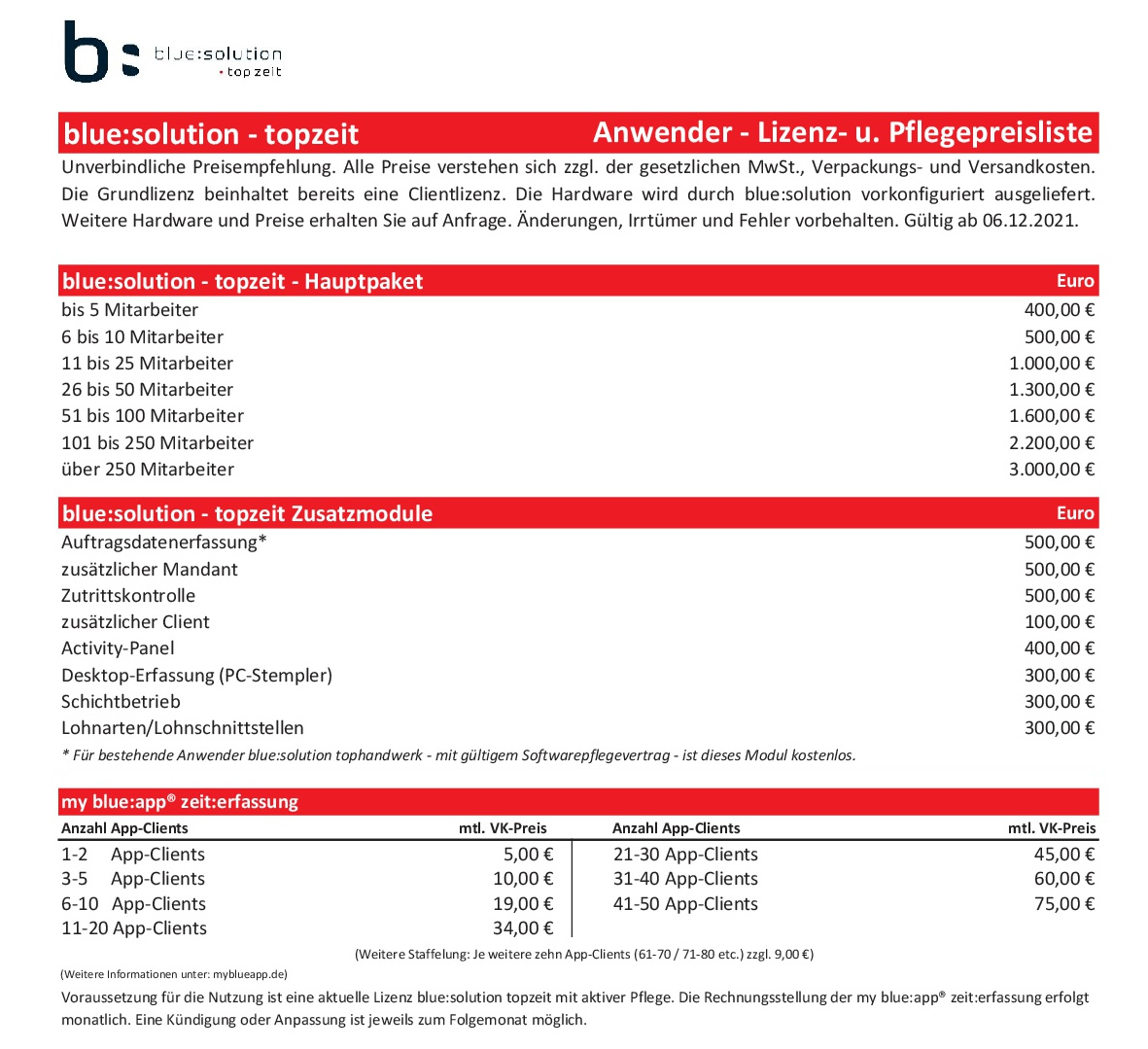 Anwenderpreisliste Zeiterfassung 2022